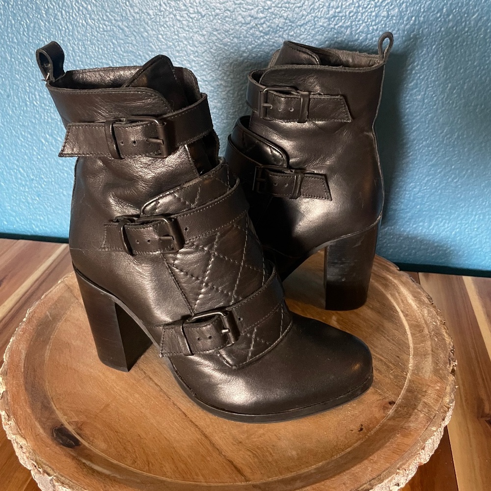 All Saints Black Black Leather Quilted Boots Booties size 38 size 7/7.5